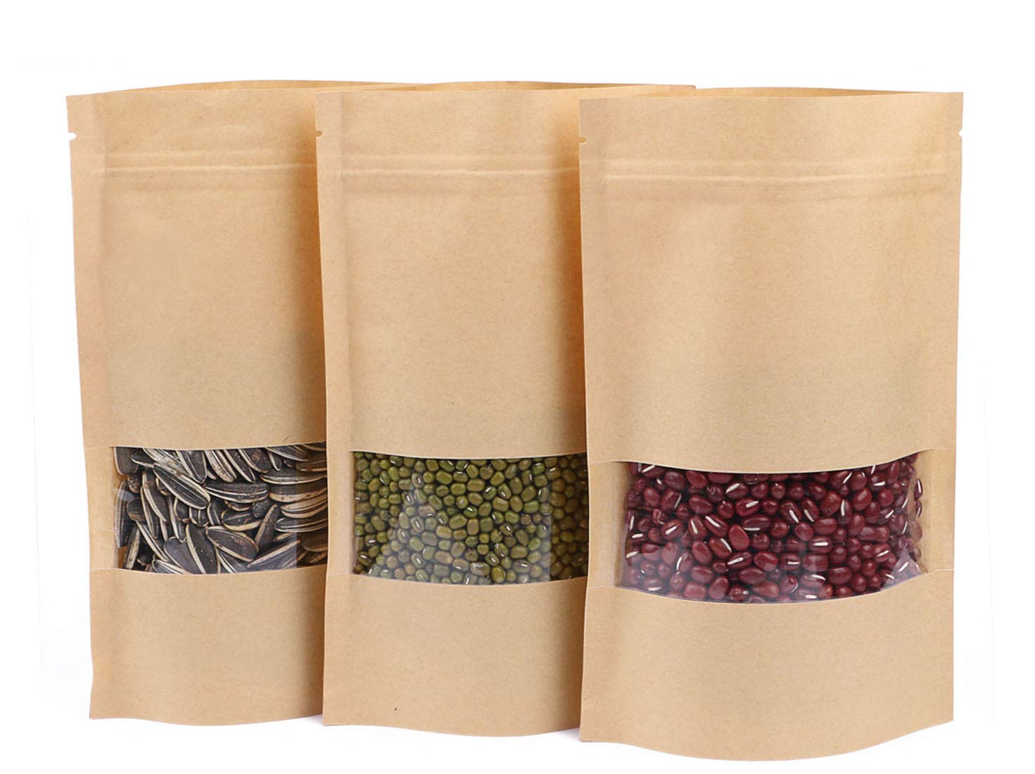 Kraft Zip Lock Stand Up Food Bags, Katfort 100pcs Kraft Bags Pouches with Window & Tear Notch, 7.8''×4.6'' Food Saver Food Storage Bags Paper Party Gift Favor Wrap for Candy, Coffee Beans Nuts