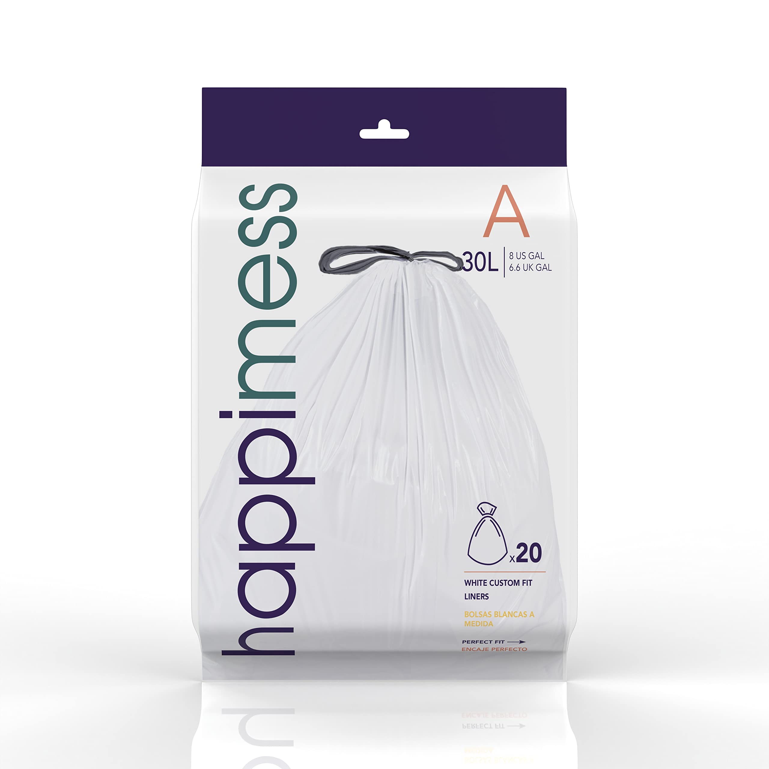 happimess HPM3000A-WHITE 7.9 Gallon Kitchen Drawstring Trash Bags, Trash Can Liner, White, 60-Count, 3-Packs of 20 Liners