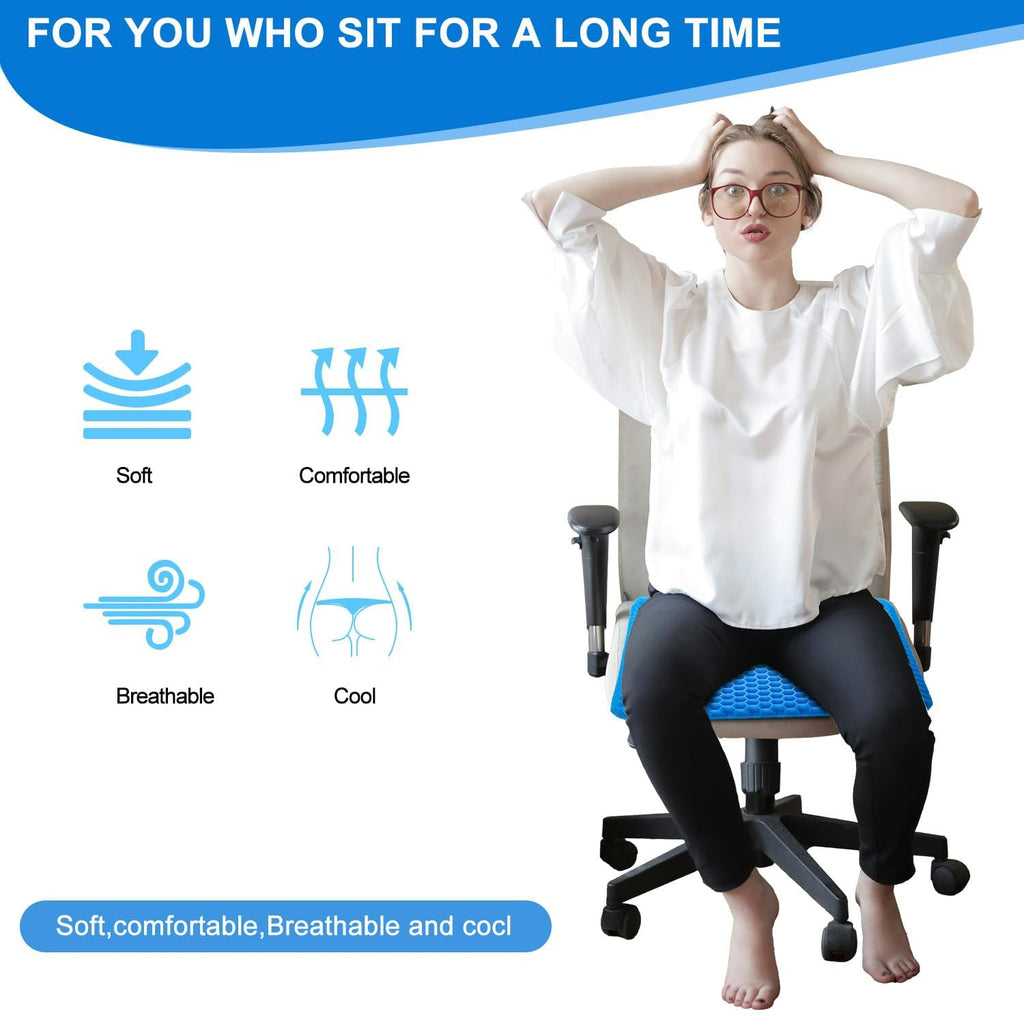 Gel Seat Cushion for Long Sitting with Non-Slip Cover,Soft & Breathable,Seat Cushion for Desk Chair,Wheelchair,Car,Office chair,stadium,airplane,blue support,air plane,bleacher,booster,sporting events