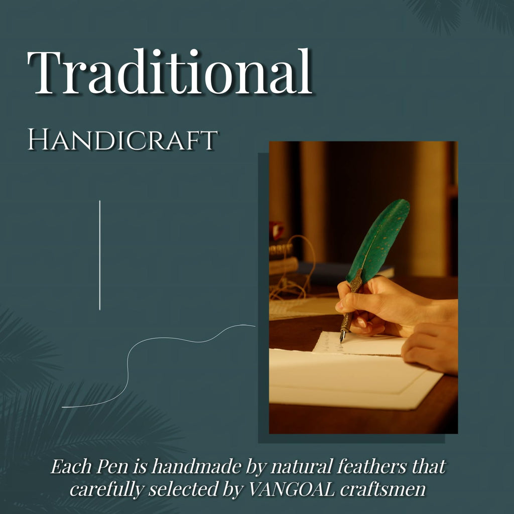 VANGOAL Vintage Black Feather Pen and Ink Set, Classic Series Goose Quill With Carving Stand, Calligraphy Nibs, Black Dip Ink, Antique Writing Gift for Writer