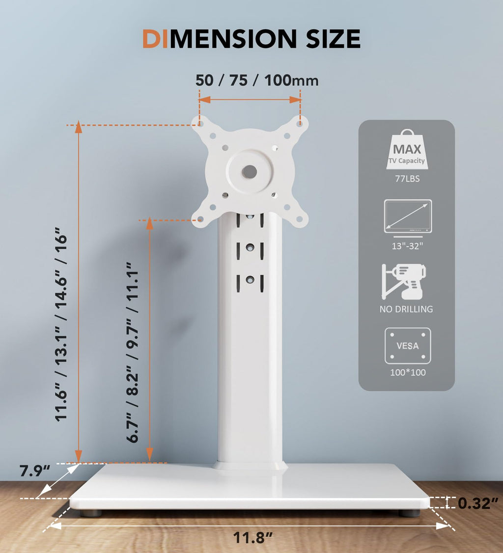 Single LCD Computer Monitor Free-Standing Desk Stand Riser for 13 inch to 32 inch Screen with Swivel, Height Adjustable, Rotation, Holds One (1) Screen up to 77Lbs(HT05W-001)