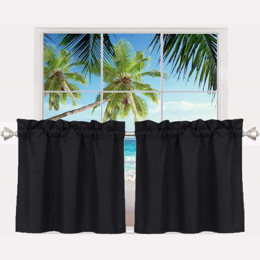 Pickluc 24 Inch Long Tier Curtains for Small Window, Short Blackout Curtain with Rod Pocket - Half Window Curtains for Kitchen, Cabinet, Basement, Camper, 2 Panels, Black, 30 Inches Wide