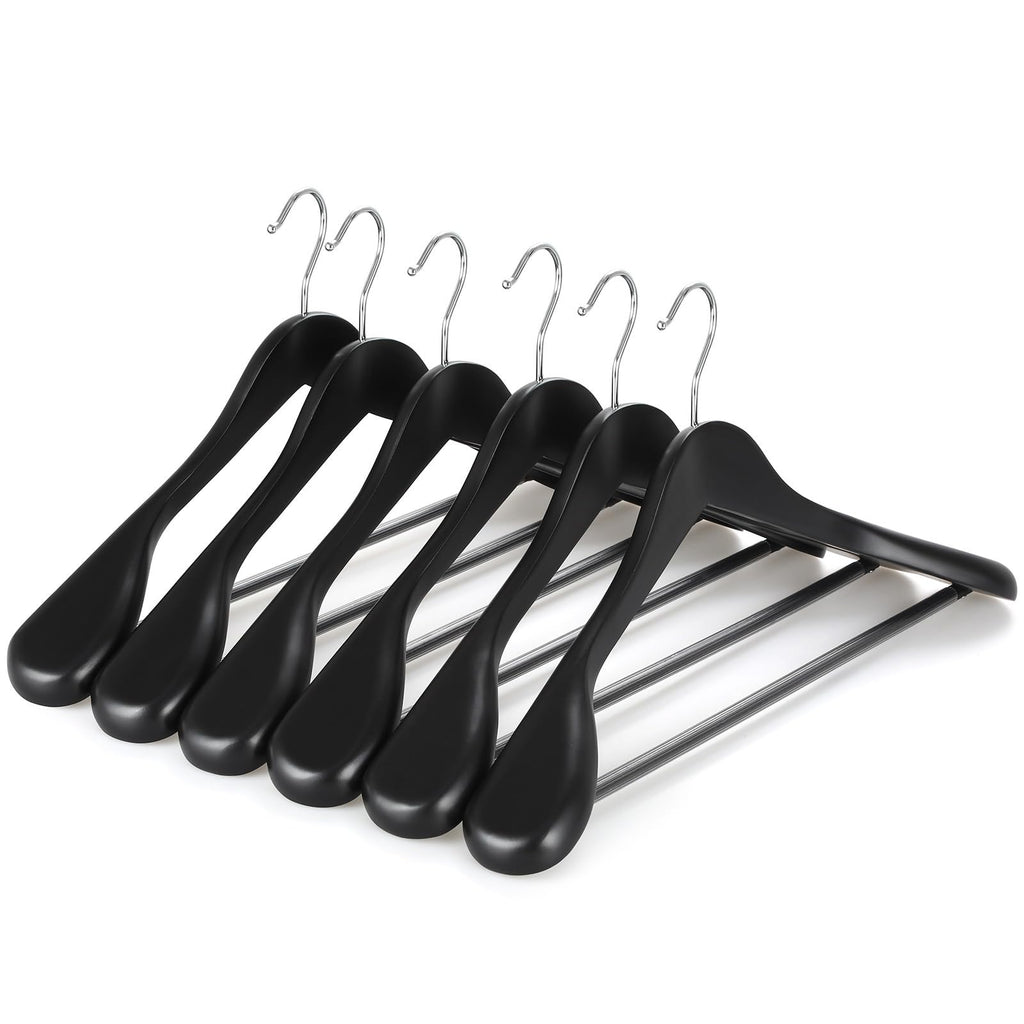 TOPIA HANGER Wide Shoulder Wooden Hangers, Suit Hangers with Non Slip Pants Bar & 360° Swivel Hook, Solid Wood Heavy Duty Coat Hanger, 6 Pack (Matte Black)-CT02B
