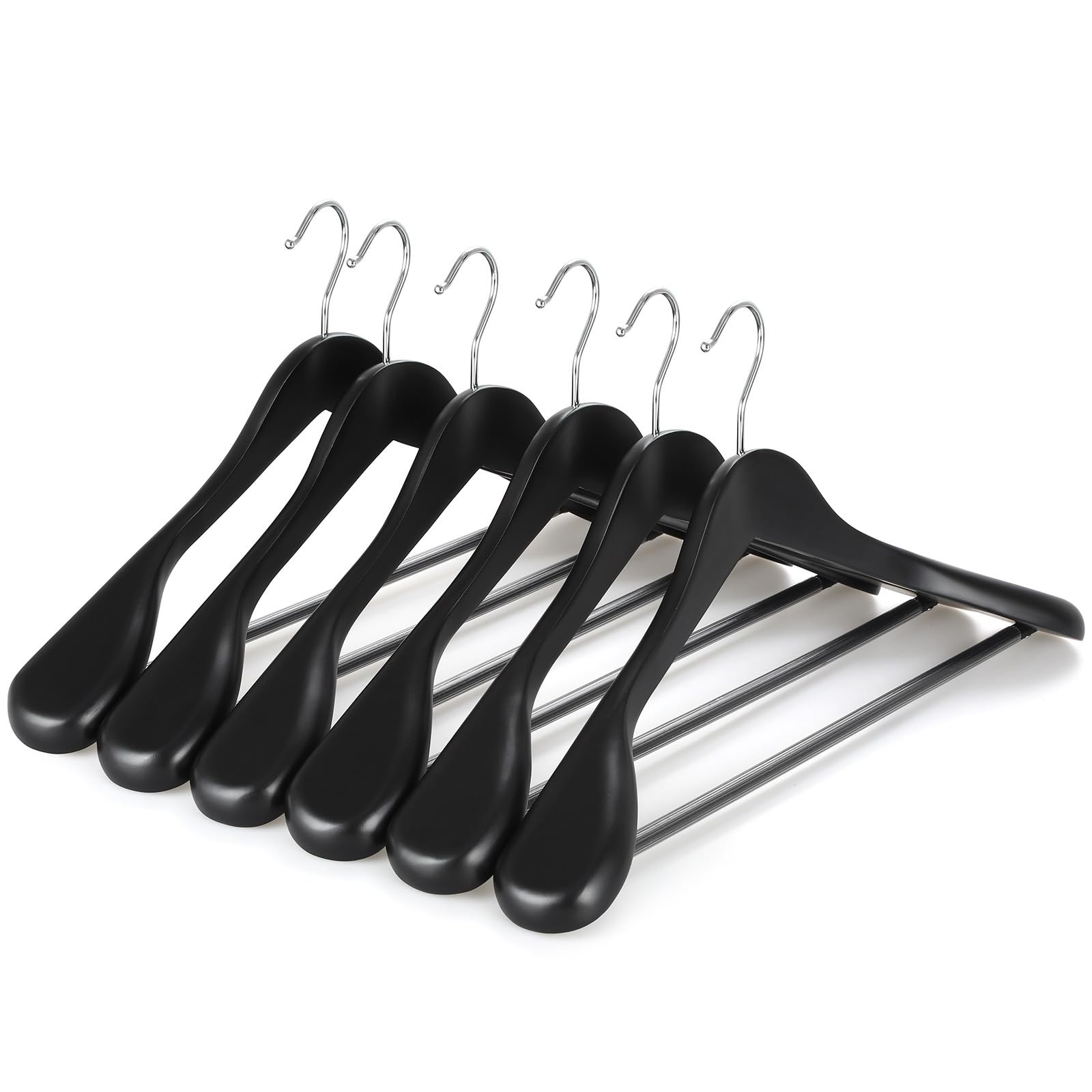 TOPIA HANGER Wide Shoulder Wooden Hangers, Suit Hangers with Non Slip Pants Bar & 360° Swivel Hook, Solid Wood Heavy Duty Coat Hanger, 6 Pack (Matte Black)-CT02B