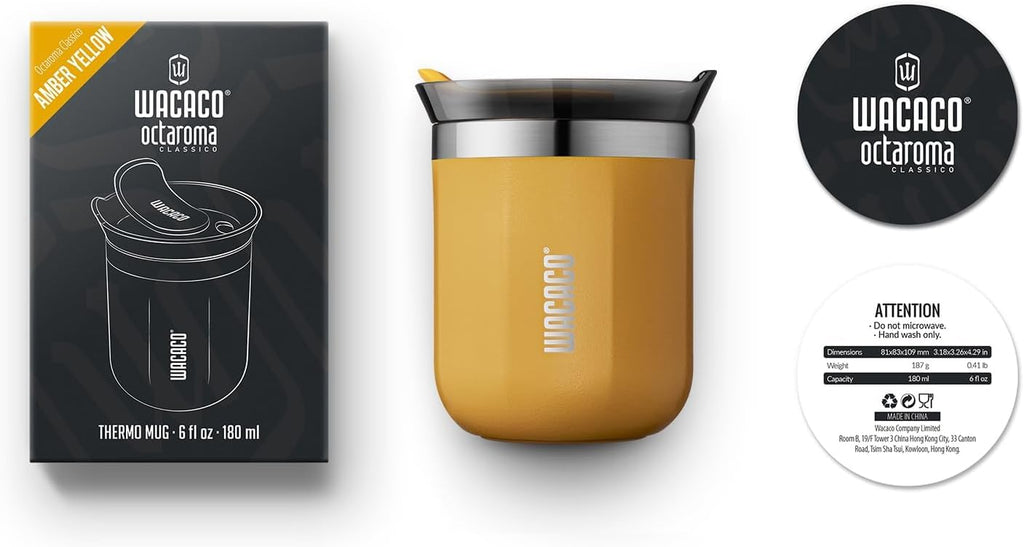WACACO Octaroma Classico Vacuum Insulated Coffee Mug, Double-Wall Stainless Steel Travel Tumbler with Drinking Lid, 6 fl oz (180ml), Yellow