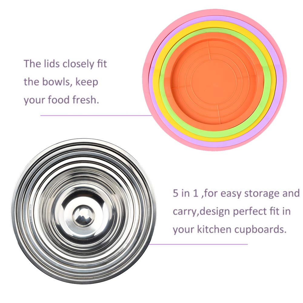 Mixing Bowls with Airtight Lids, Stainless Steel Nesting Bowls Set of 5 for Space Saving Storage, Wide Rim for Easy Grip or Pouring, for Mixing Cooking Baking Prepping and Food Storage