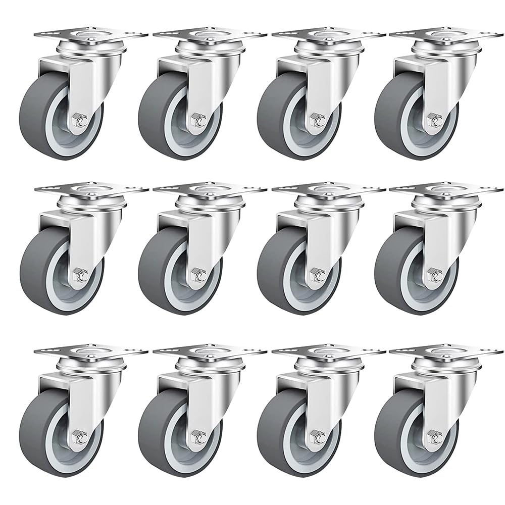 12 Pack 2 Inch Swivel Caster Wheels, TPR Rubber Caster Wheels, No Floor Marks Quiet Cater Rolls, Top Plate Casters with No Brake, Load Capacity 660lbs
