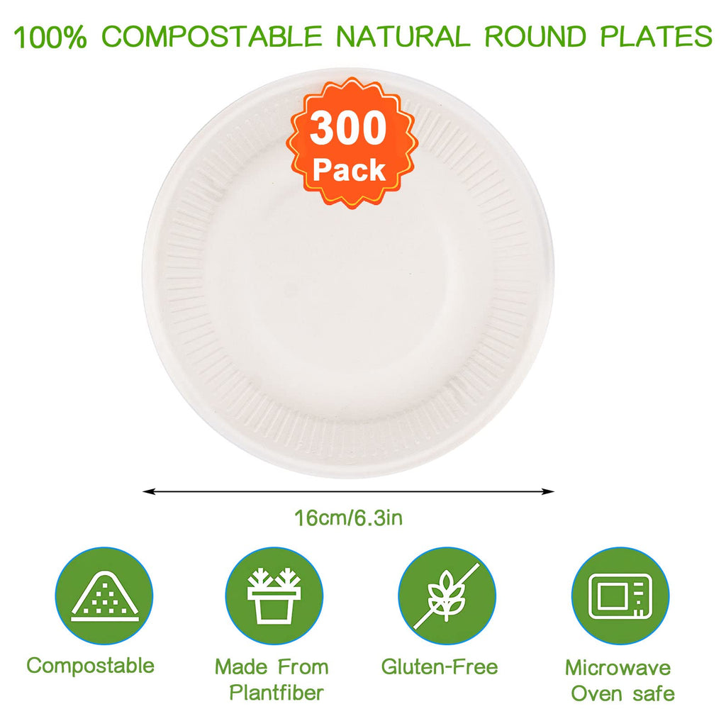 300 Pack Compostable Disposable Paper Plates, Heavy-Duty Bagasse Natural Biodegradable Eco-Friendly Sugarcane Plates for Party Dinner Birthday, 6 inch (White)