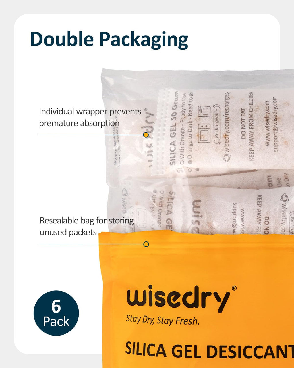 wisedry 50 Gram [6PACKS] Rechargeable Silica Gel Desiccant Packets Fast Reactivate Desiccant Bags Orange to Green indicating for Air Dryer Food Grade