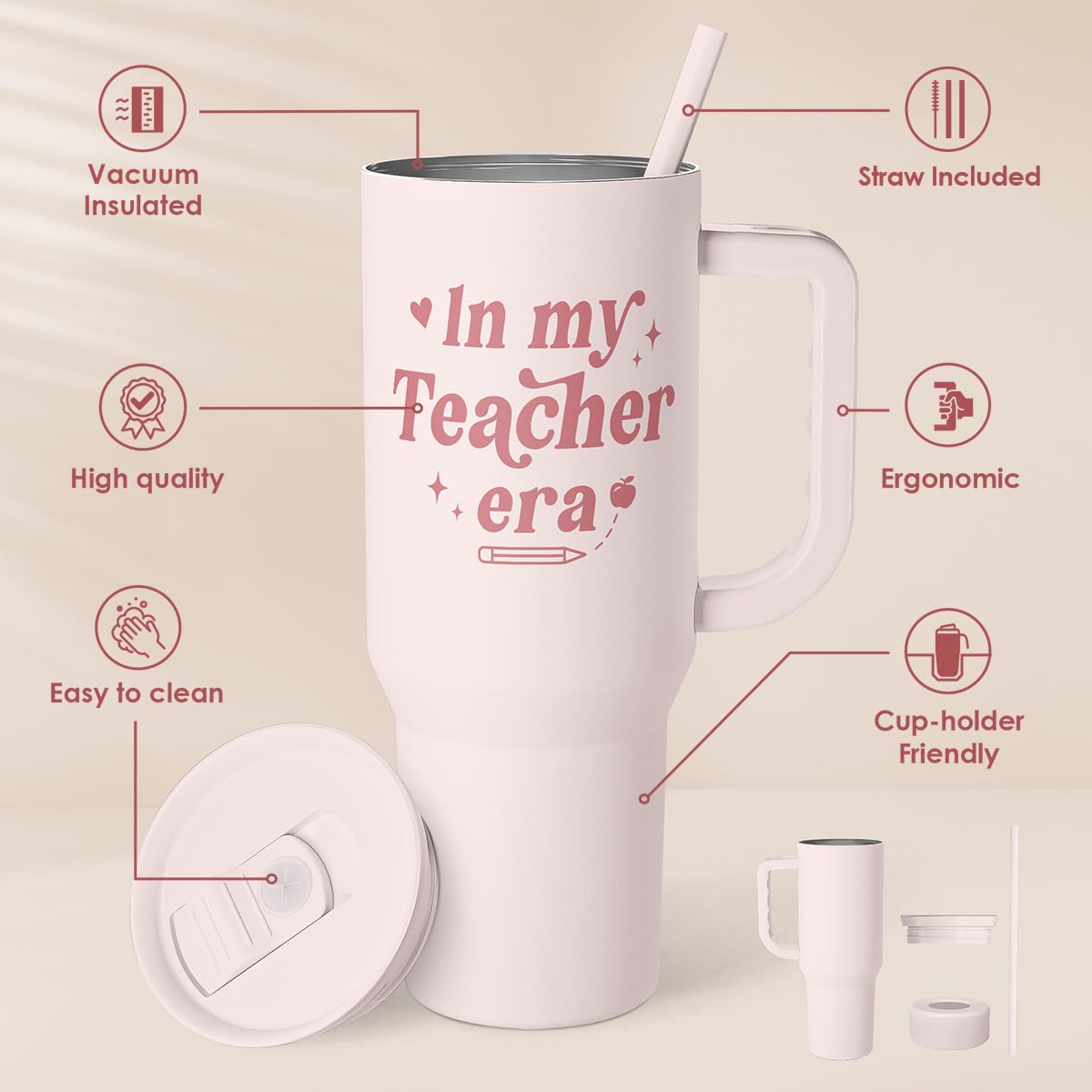 SANDJEST Teacher Gift – Stainless Steel Insulated Tumbler with Handle - Cool Teacher Club Travel Coffee Mug Cup for Women Back to School Birthday Christmas Teacher's Appreciation, 40oz