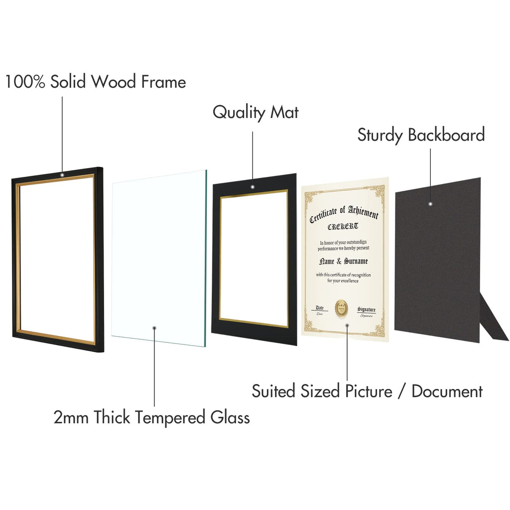 CREKERT Diploma Frame 11x14 College Degree Frame Solid Wood Shatter-Resistant Glass for Documents Certificate Blackgold Frame 8.5x11 with Mat (Black Mat, 1 Pack)