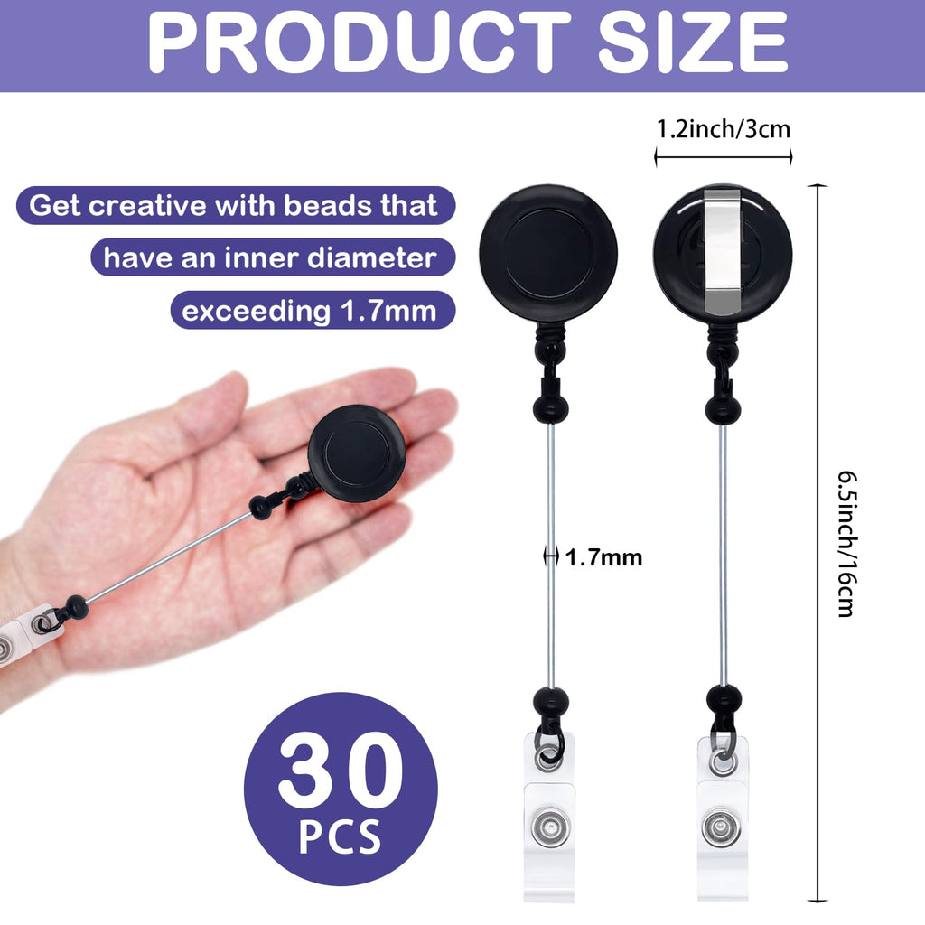 GIWOSK 30 Pcs Beadable Badge Reel Retractable, DIY Blank Badge Reel Kit with Bar for Beads Bulk ID Name, Badge Holder Reel with Belt Clip Beadable Items Gift for Nurse Teacher Office Supplies, Black