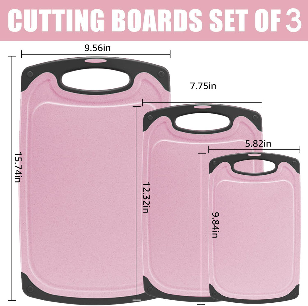 Cutting Boards Kitchen Cutting Board (3-Piece Set) Chopping Boards- Plastic Cutting Boards Set, Juice Grooves, BPA-Free and Dishwasher Safe (Pink)