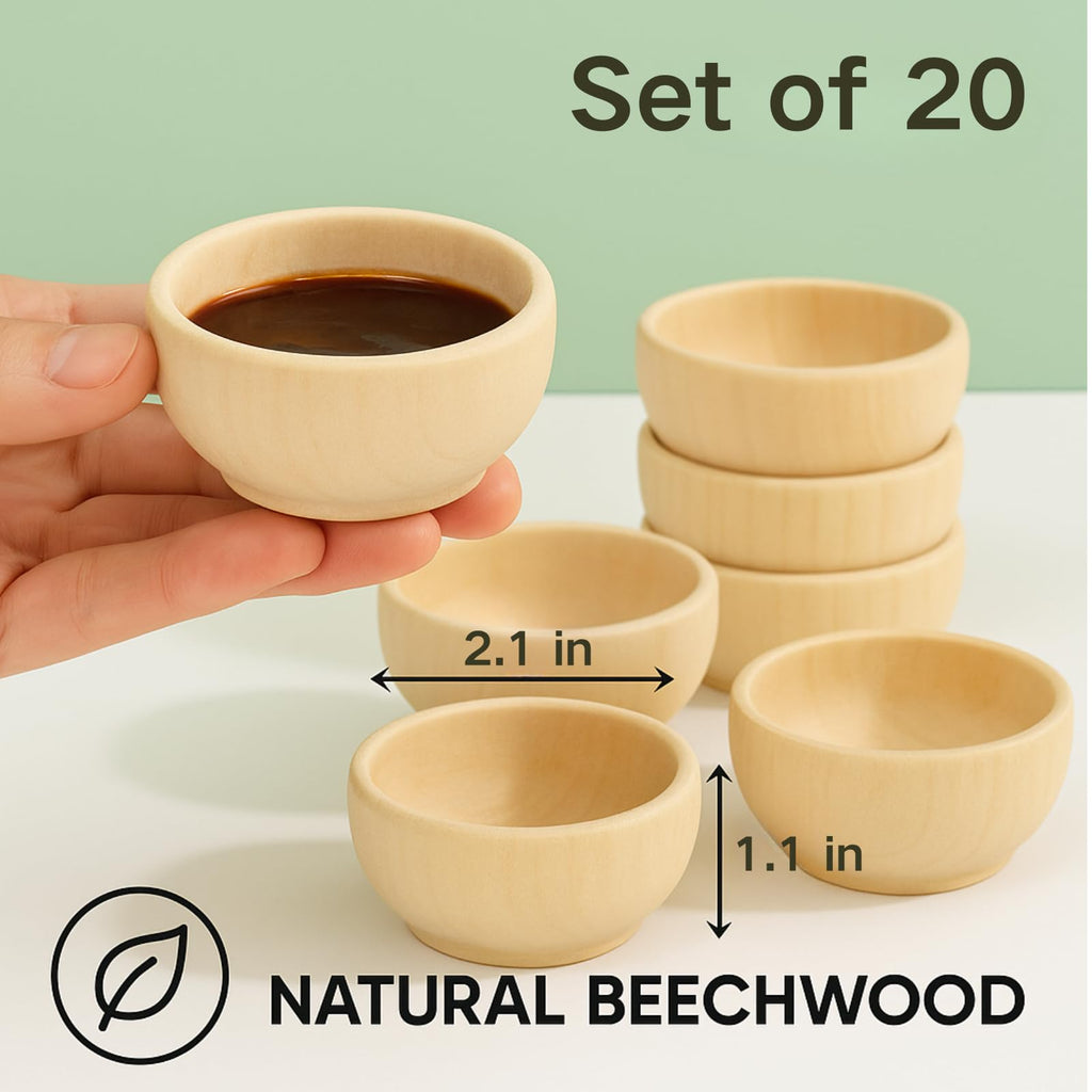 ZENFUN 20 Pack Wooden Pinch Bowls, Mini Unfinished Bowl Set for DIY Crafts, 1.5 oz Condiment Bowls, Small Round Bowl for Sorting, Dipping Sauce, Nuts, Spice, Candy, 1.1 x 2.1 Inches