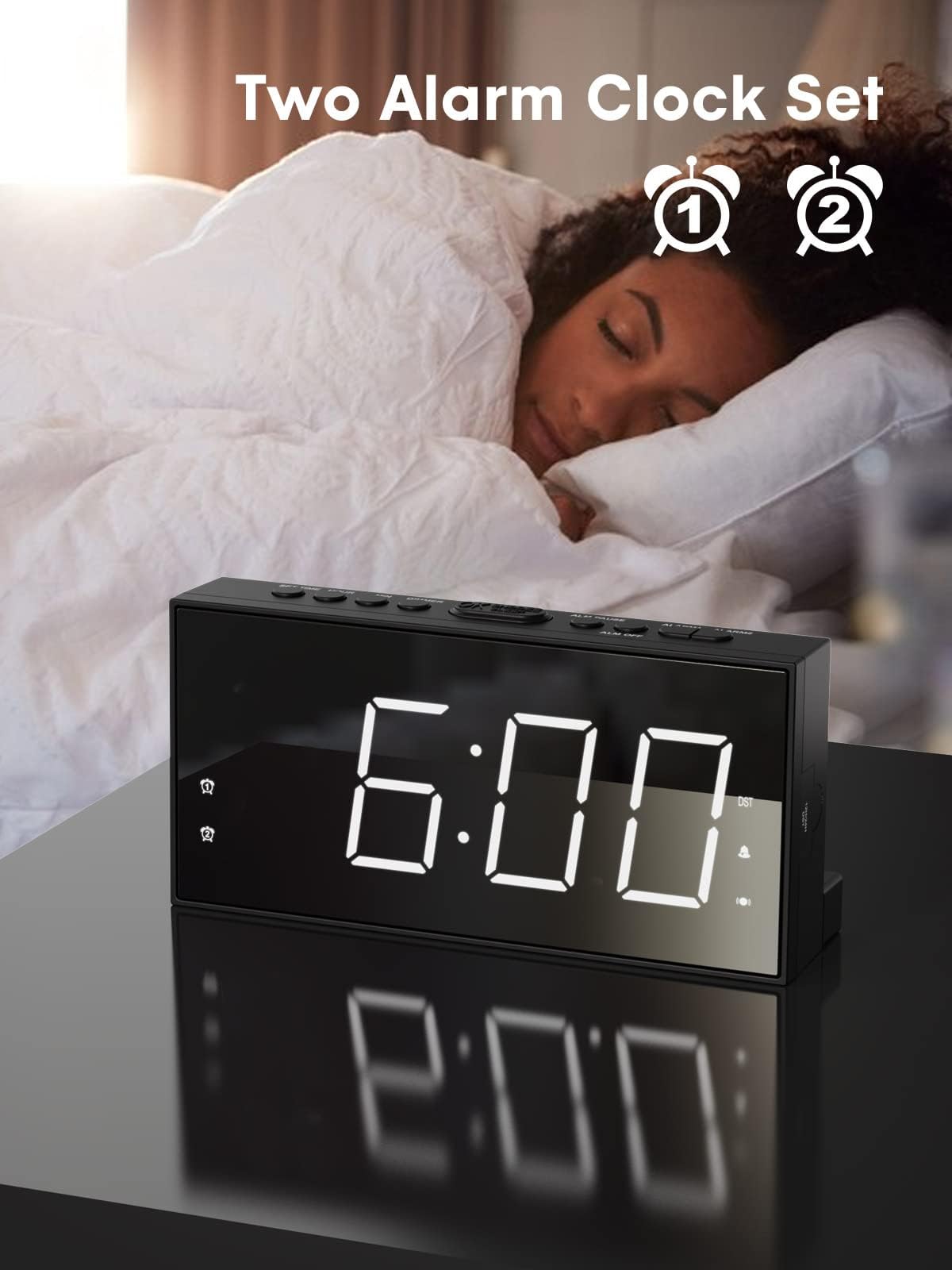 ROCAM Alarm Clock for Heavy Sleepers, Vibrating Alarm Clock with Bed Shaker Dual Alarms, 7.5" Large LED Display with 5 Brightness Dimmer, Alarm Clocks for Bedrooms, Deaf People