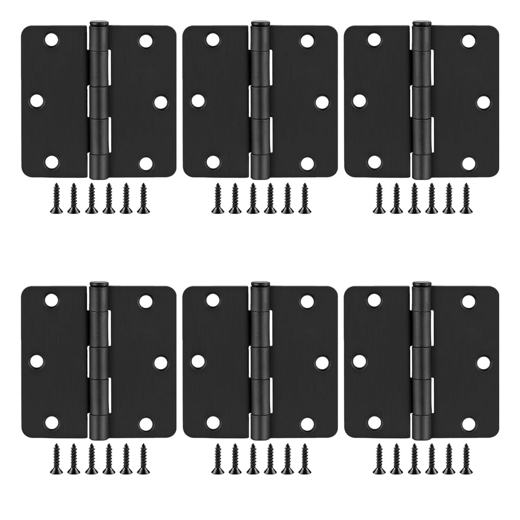 6 Pack Matte Black Door Hinges 3x3 Inch Standard Bedroom Black Hinges for Interior Doors Rounded 1/4" Radius Corners Iron Hinge Door Round Hinge Hardware