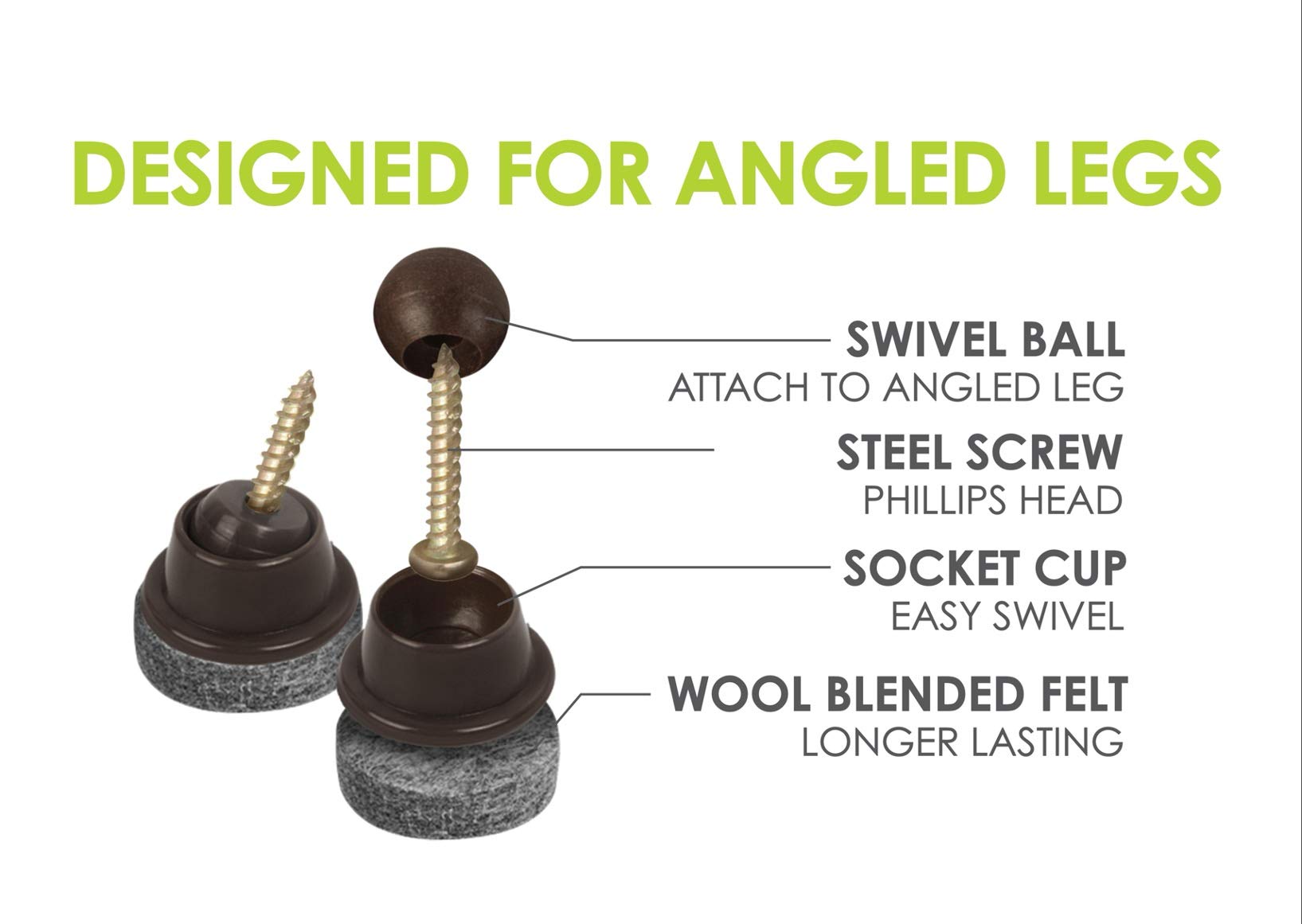 GorillaFelt Swivel Glide Felt Sliders for Chairs (16 Pack) Screw-On Floor Protectors for Angled Furniture Legs, 1 Inch Felt Glides (25mm Round), CB259-16
