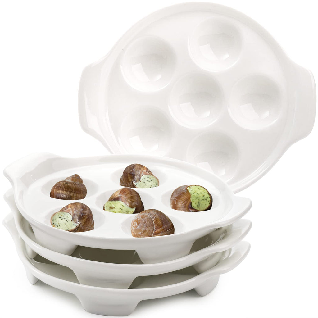 Okllen 4 Pack Ceramic Escargot Plates with 6 Holes and Handles, 6.5 Inch Seafood Snail Dish Footed Plates White Escargot Baking Dish Barbecue for Home, Kitchen, Restaurant