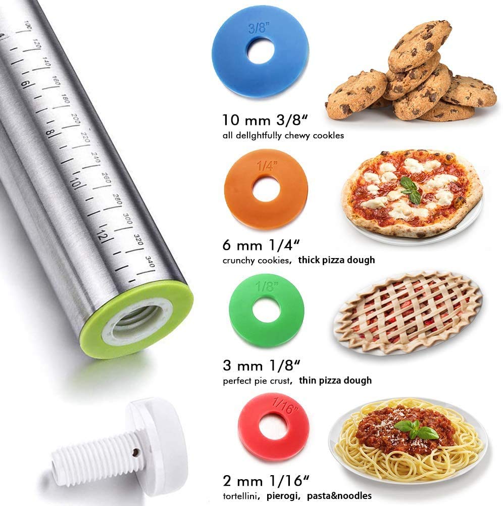 Rolling Pin and Baking Mat Set, Adjustable Stainless Steel Rolling Pins Dough Roller Cake Leveler with 4 Removable Adjustable Thickness Rings for Baking Dough Pizza Pie Pasta Fondant and Cookies