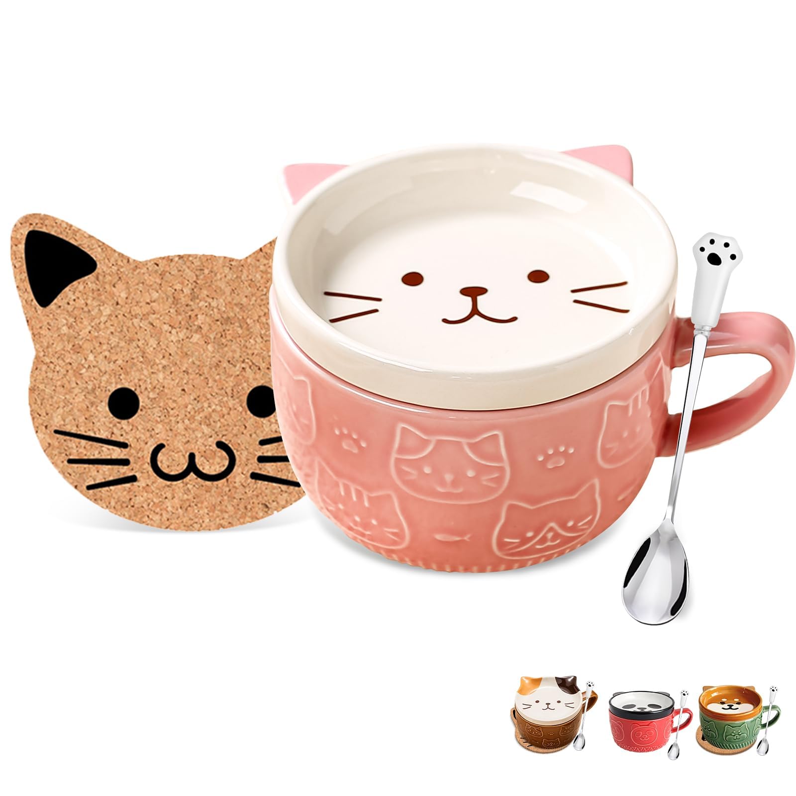 Gifts for Women,Pink Cat Kawaii Coffee Mugs with Lids,Christmas Birthday Gifts for Girls,Friends,Mom,Novelty Animal Ceramic Tea Cup,Dessert Saucer Set