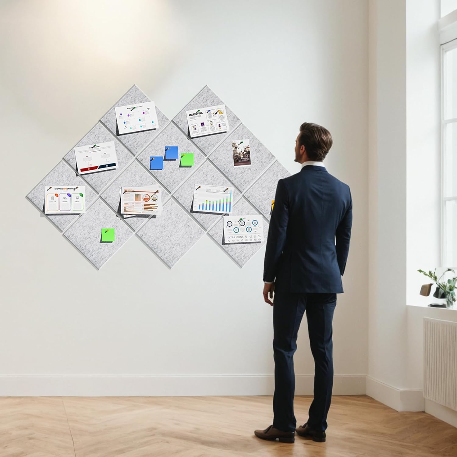 SOYANGNEK Cork Bulletin Board Alternative, 47"x35" Removable Felt Cork Board Tiles for Wall, 12 Pack 11.8 "x11.8 Large Bulletin Board Notice Pin Board for Office, School & Home（Light Gray）