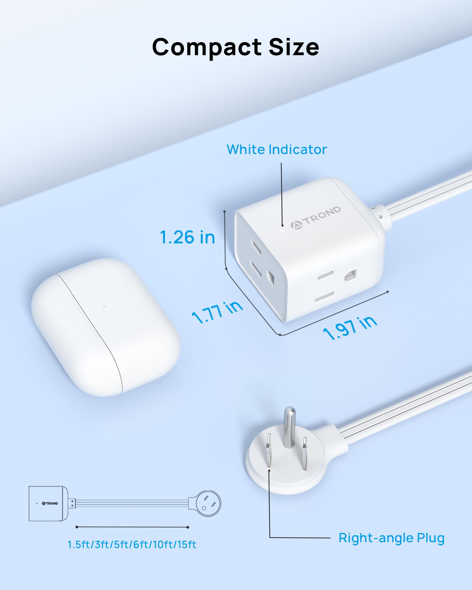 TROND 6ft Flat Extension Cord Indoor, Right Angle Ultra-Thin Plug, 3 Way Multiple Outlets, 13 Amps, 1625W, Small Flexible SPT 16/3 Power Cable Splitter for Home Office Dorm Room Essentials, White
