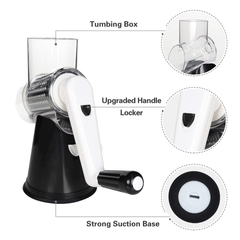 Cambom Rotary Cheese Grater Hand Crank Cheese Shredder for Fresh Cheese, Vegetable, Nuts,Non-Slip Suction Base, Free Cleaning Brush Three Blades, Black