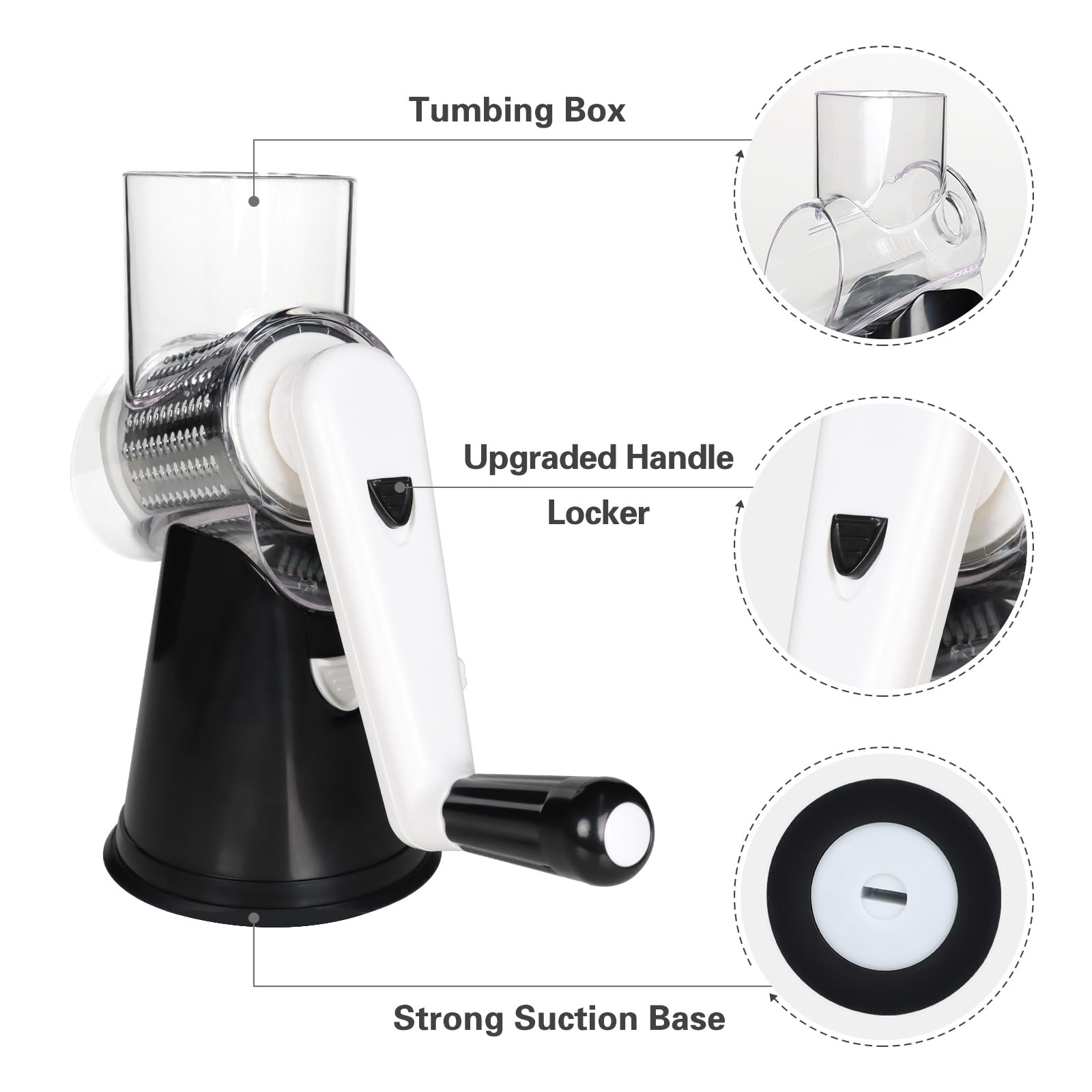 Cambom Rotary Cheese Grater Hand Crank Cheese Shredder for Fresh Cheese, Vegetable, Nuts,Non-Slip Suction Base, Free Cleaning Brush Three Blades, Black