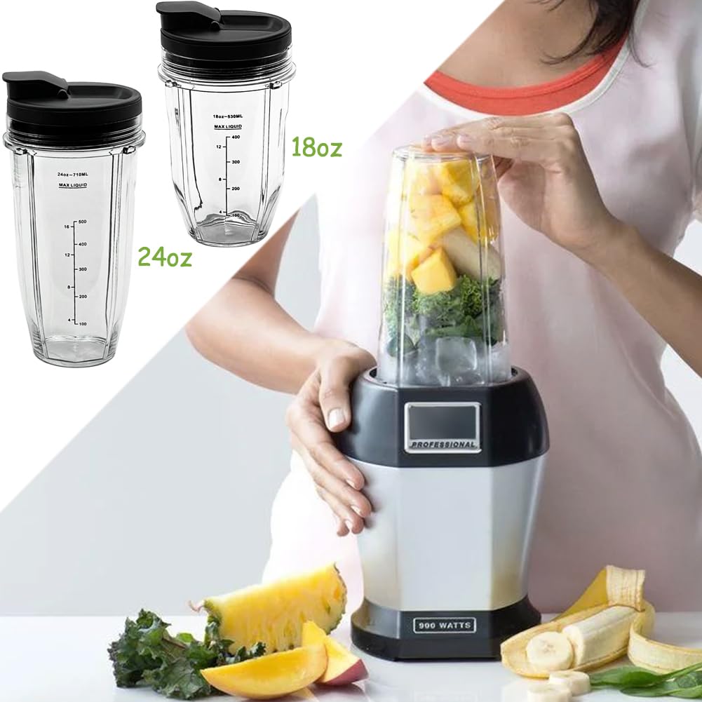 2-Pack Cup Replacement Parts with Lid for Ninja Blender Auto-iQ BL450C BL451C BL481C BN751C BN750C BN801 BN801C BN400C Nutri Ninja Food Processor SS101C SS150C SS151C SS351C,18oz & 24oz Smoothie Cups