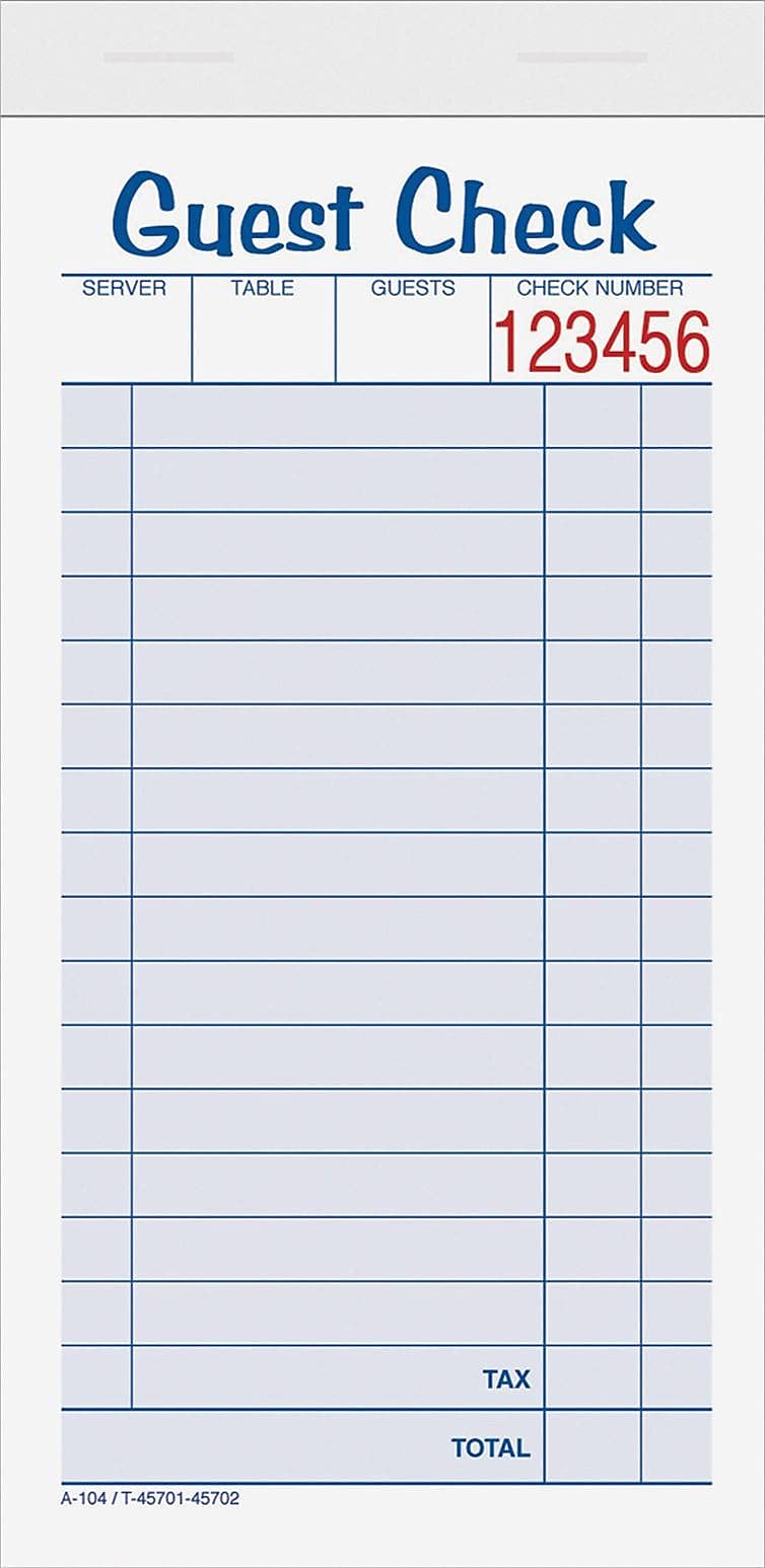 TOPS Guest Check Books, 6 x 3.38 Inch, 2-Part, with Carbon, 50 Sets, 10-Pack, White (45702)