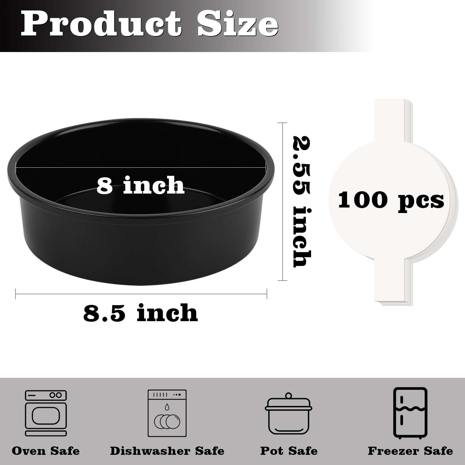 HUAKENER 8 Inch Cake Pan - Set of 3 Round Cake Pans with 100 Pieces Parchment Paper, Non-Stick Cake Baking Pans, Dishwasher Safe