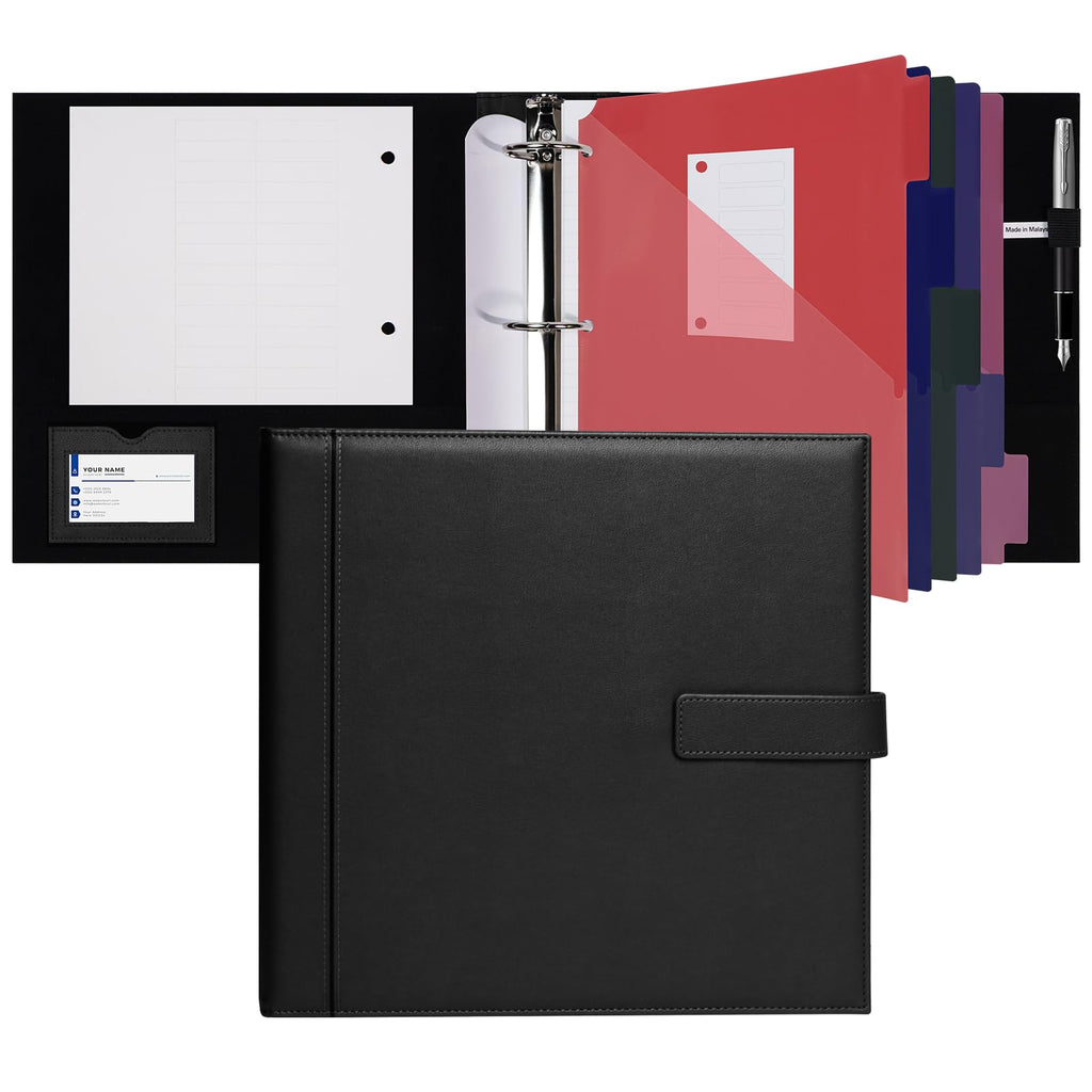 POPRUN PU Leather 3 Ring Binder, Professional Business Organizer- Includes PP Dividers, 100GSM / Grade AA Filler Papers, Card &Sticker for Tab- Ideal for Office Presentation Meetings