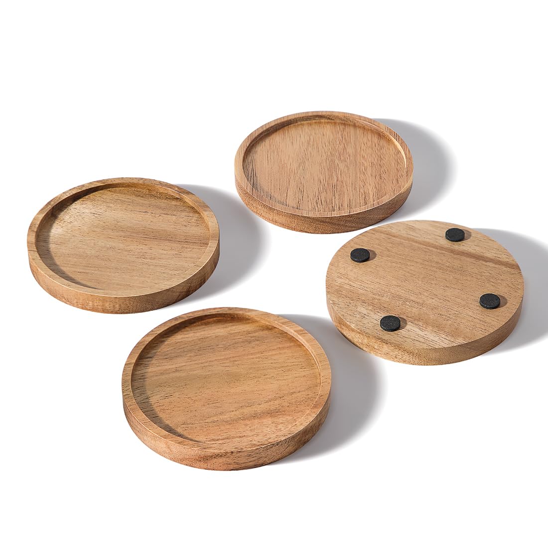 WLWNWFT Acacia Wood Round Coasters with Holder, Set of 6, Brown