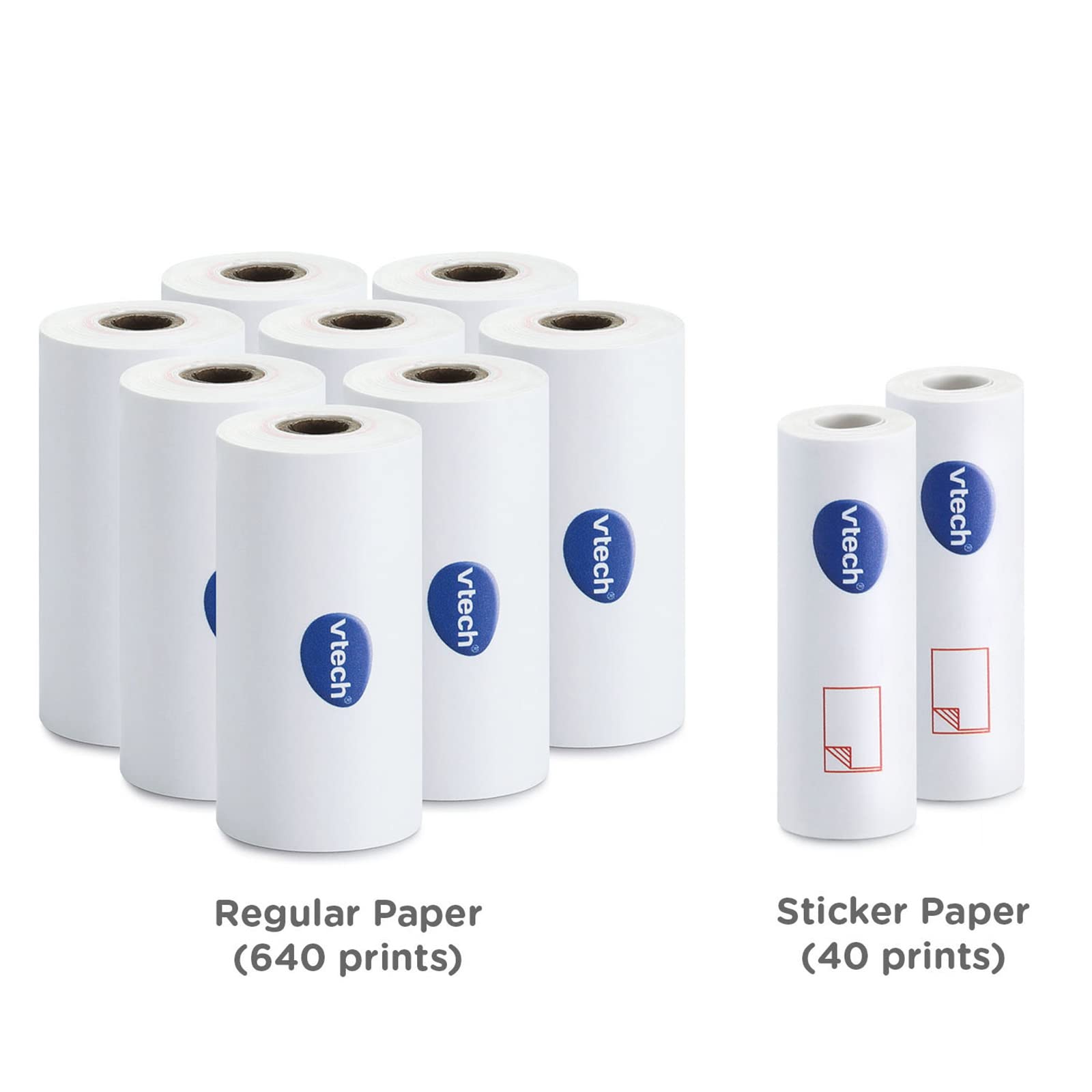 VTech KidiZoom PrintCam Paper Refill 10-Pack, White with 8 Regular Paper Rolls, 2 Adhesive Sticker Paper Rolls, Quick Start Guide