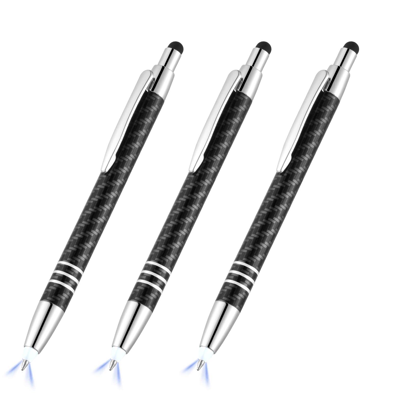 Lighted Tip Pen With Stylus - LED Penlight Light Up Ballpoint With Stylus for Writing in The Dark - Pack of 3 - White Light - GL006