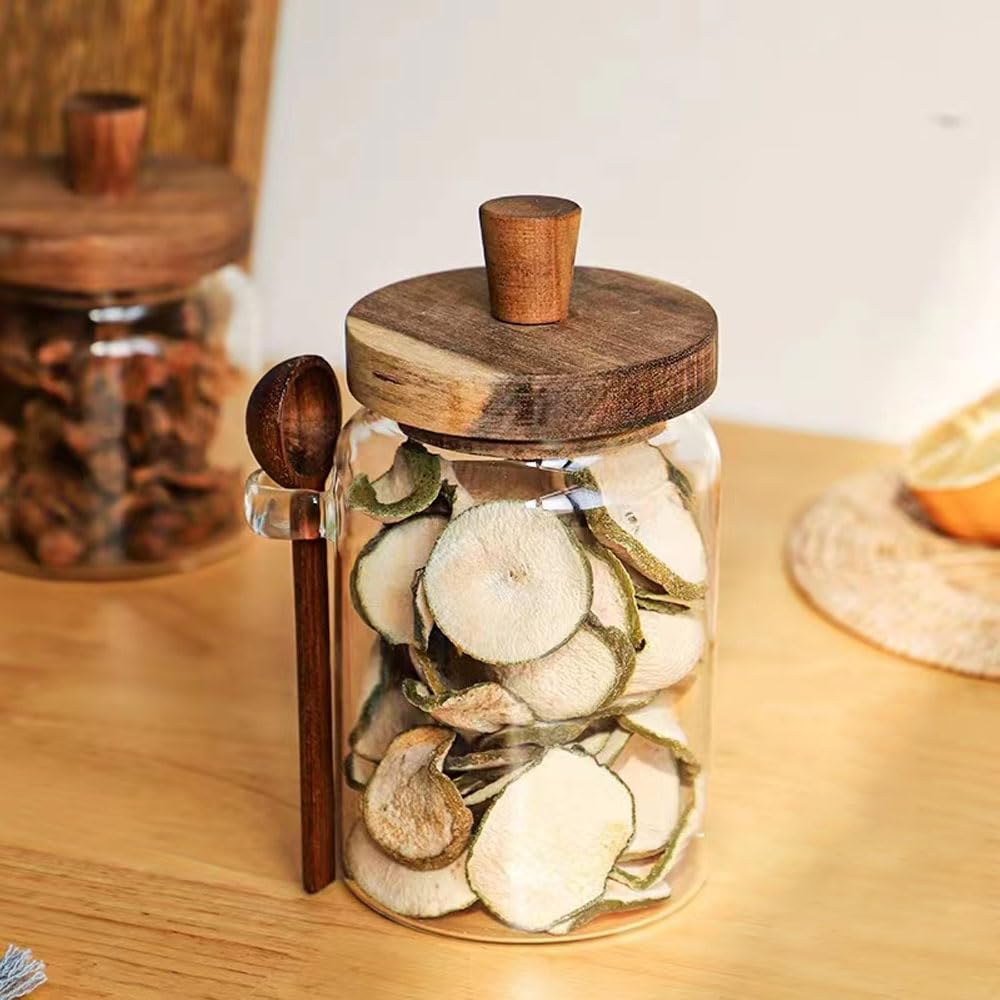 Piscepio Glass Jars with Wooden Lids and Spoons set of 3, Clear Glass Coffee Containers with Scoop Decorative Kitchen Food Storage Jars for Coffee Beans,Tea,Nut,Candy, Sugar,Bath Salts(17OZ/22OZ/27OZ)