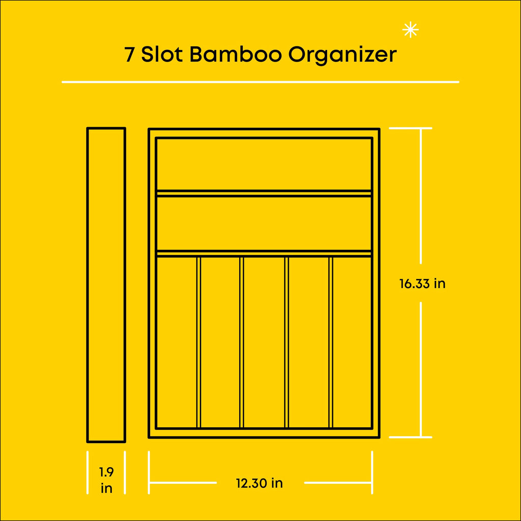 JoyJolt Bamboo 7-Compartment Silverware Organizer, Cutlery & Utensil Drawer Organizer, Ideal for Kitchen, Bathroom & Garage, Rustic Modern Style, Silver
