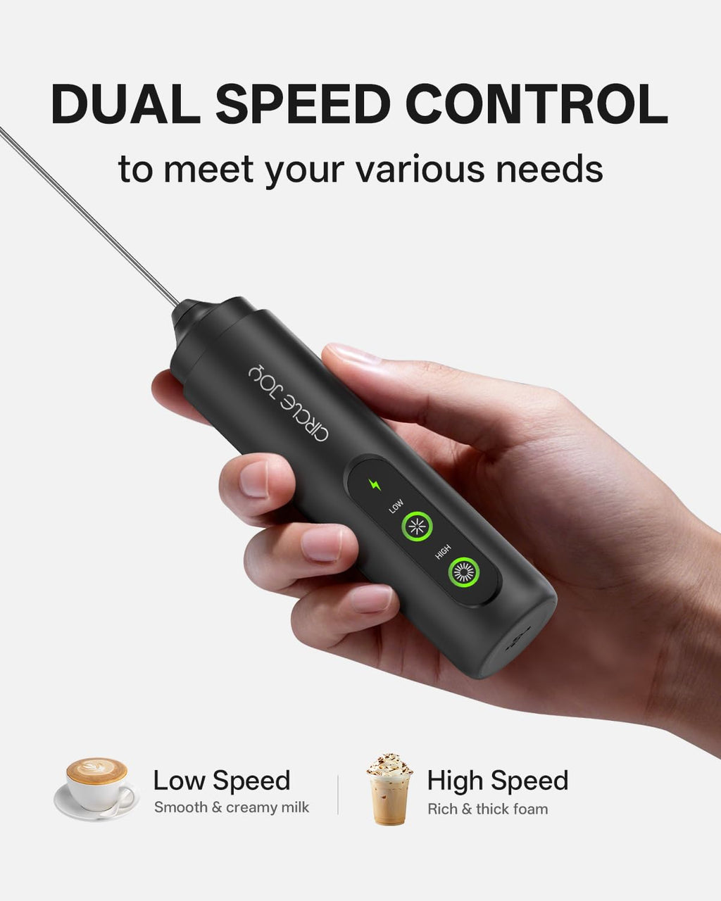 CIRCLE JOY 2-Speed Rechargeable Milk Frother Hanheld, Dual Coil Whisk Head Electric Coffee Frother, Portable Hand Frother Wand Drink Mixer for Matcha Lattes Cappuccino