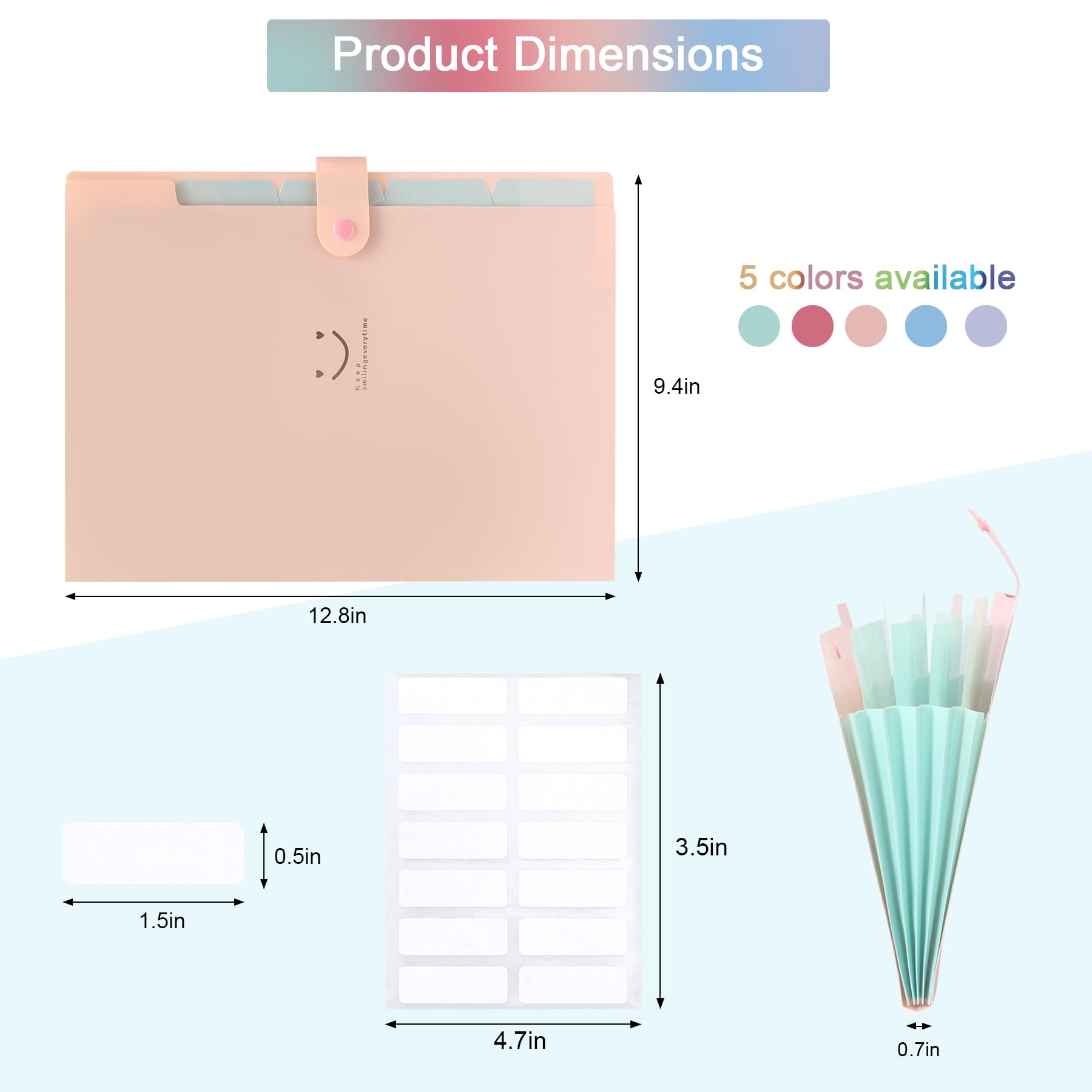 KYJ-UP 5 Pack Expanding File Folders with 168 pcs Labels, Accordion Document Organizer with 5-Pocket,A4 Letter Size with Snap Closure for School and Office
