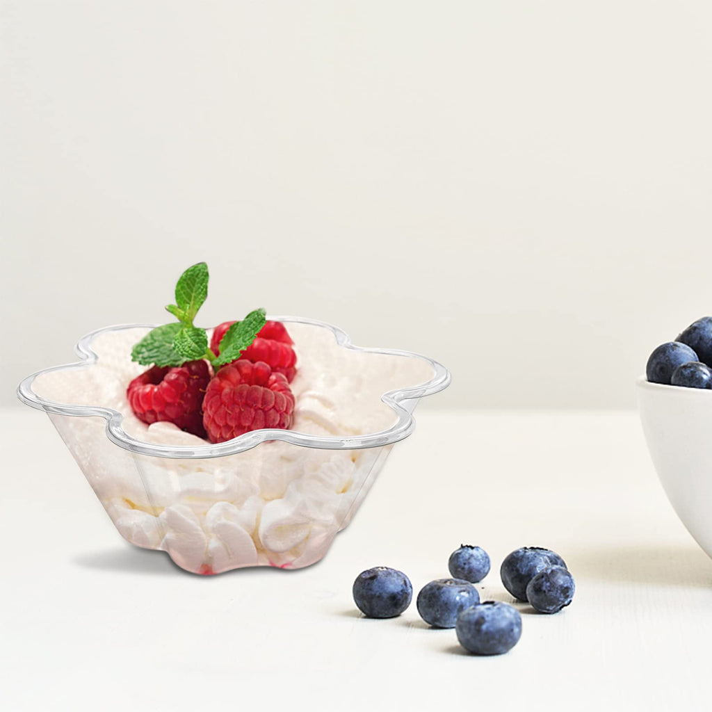 SOUJOY 100 Pack Clear Dessert Cups, 8 oz Disposable Ice Cream Bowls, Flower Shape Serving Bowl for Party, Sundae, Chocolate, Appetizers, Snack