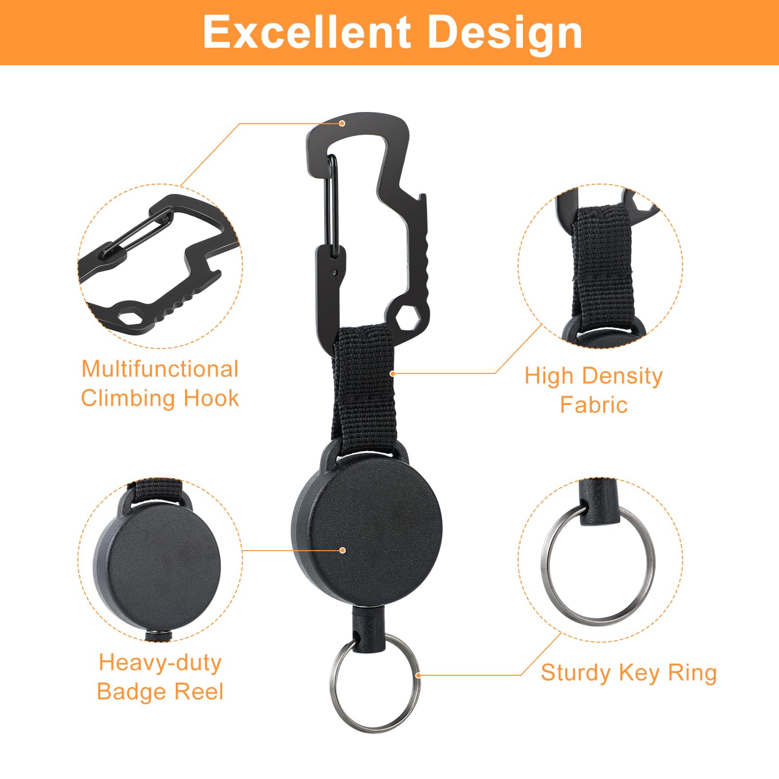DELSWIN Retractable Keychain Key-Rings - Heavy Duty Key Holder Belt Clip with Multitool Carabiner, Keychain Lanyard Badge Reels (Pack of 3)