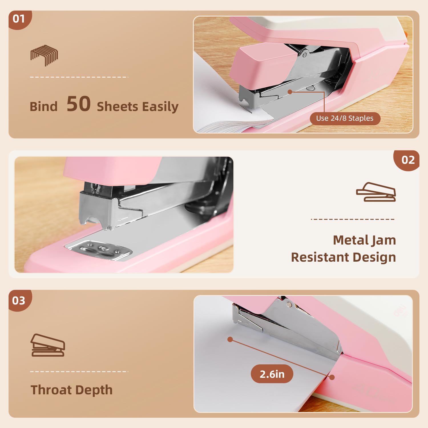Deli Effortless Desktop Stapler, Heavy Duty Stapler, 40 Sheet Capacity, One Finger, No Effort, Includes Staples & Staple Remover, Pink