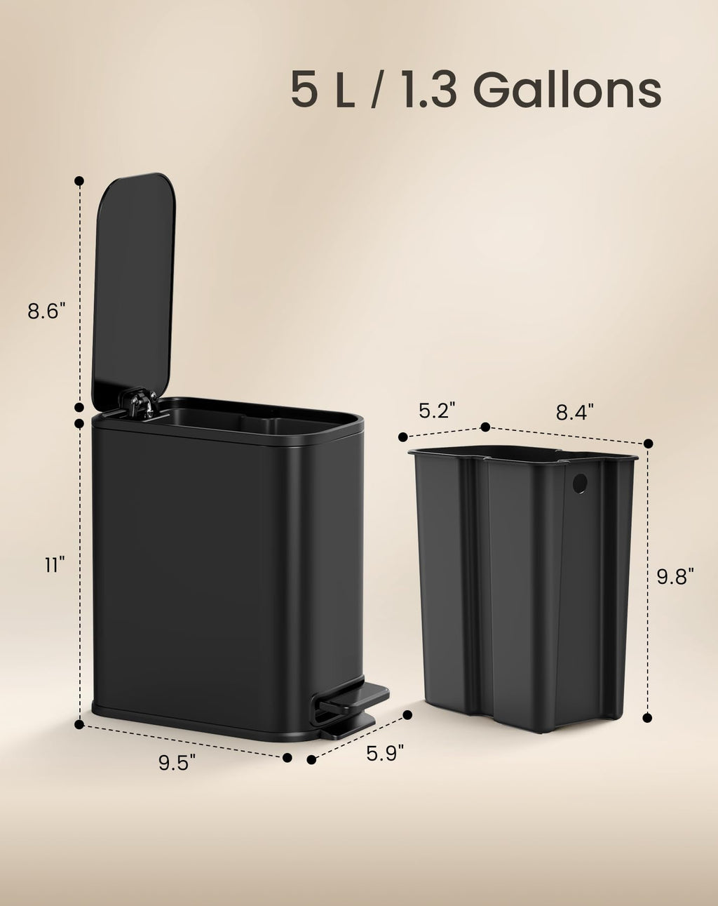 Cesun Black Bathroom Trash Can, 1.3 Gallon Small Garbage Can with Lid, Metal Slim Trash Bin with Foot Pedal, Waste Basket for Bathroom, Bedroom, Office, Matte Black, 5 Liters