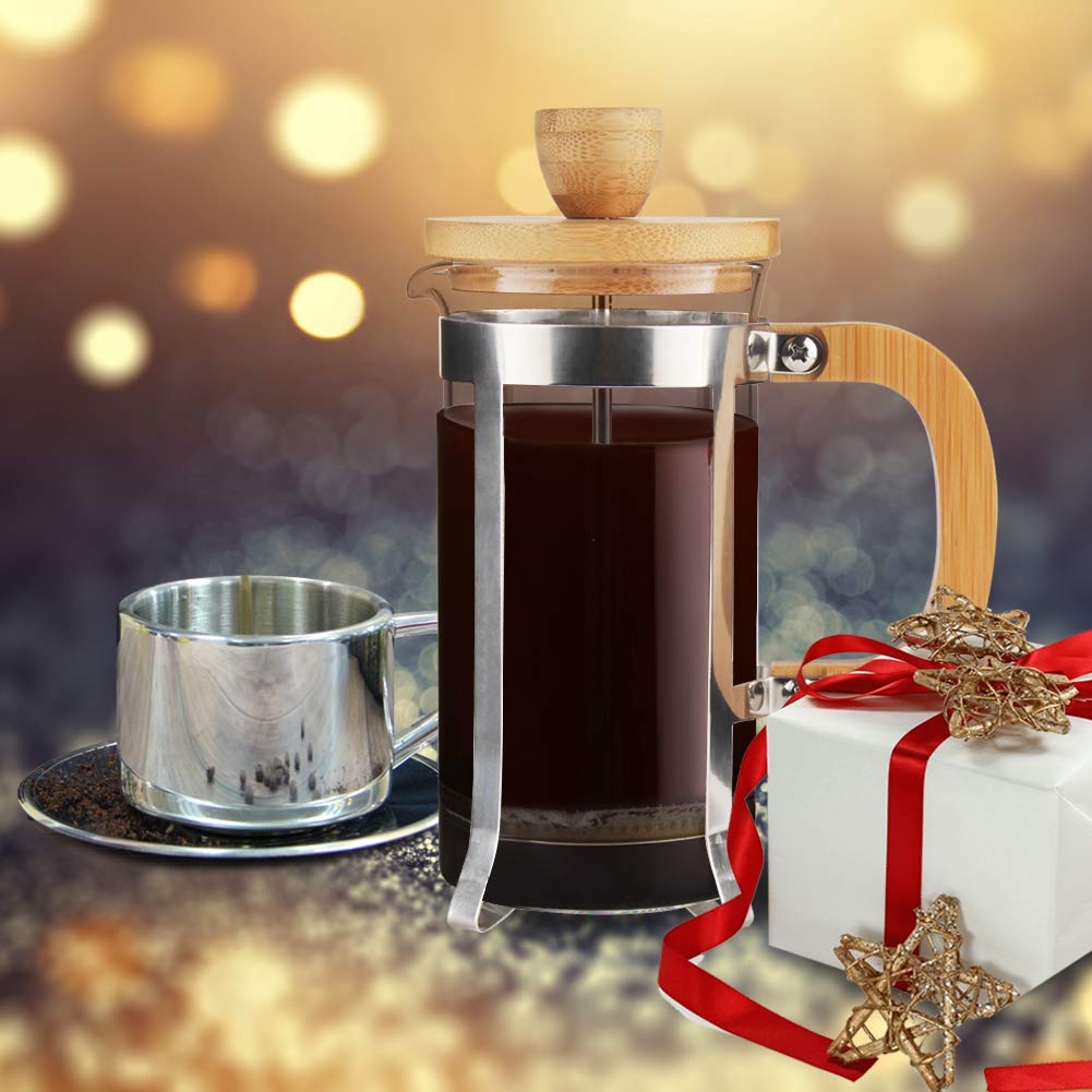 Sivaphe French Press High Borosilicate Carafe Durable Bamboo Handle Portable Brewer Small Coffee/Tea Maker 12oz