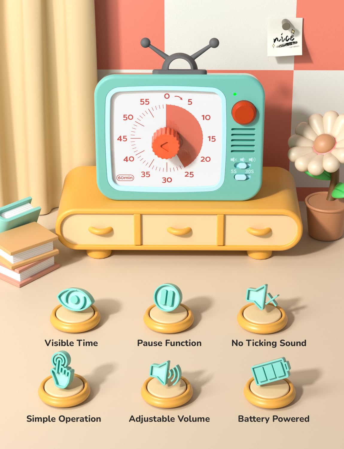 LIORQUE 60 Minute Visual Timer with Pause Function, Visual Timer for Kids and Adults, Time Management Countdown Timer for Classroom Cooking Meting, Non-Ticking Timer