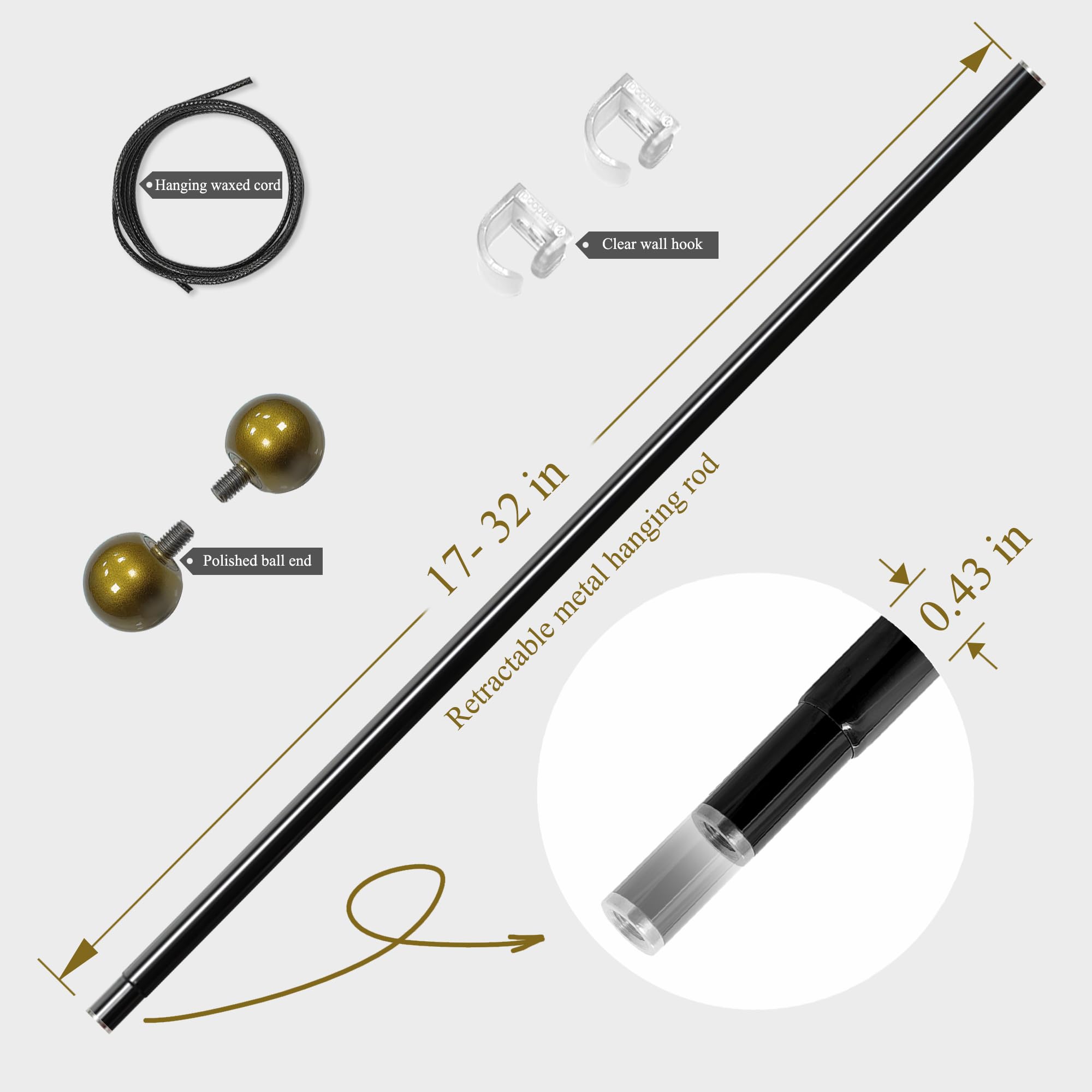 Tapestry Hanging Telescopic Rod Aesthetic Tapestries Room Deco Scalable Wall Hanging Bar Banner Hanger Pole (17-32 inch/Gold/Black)