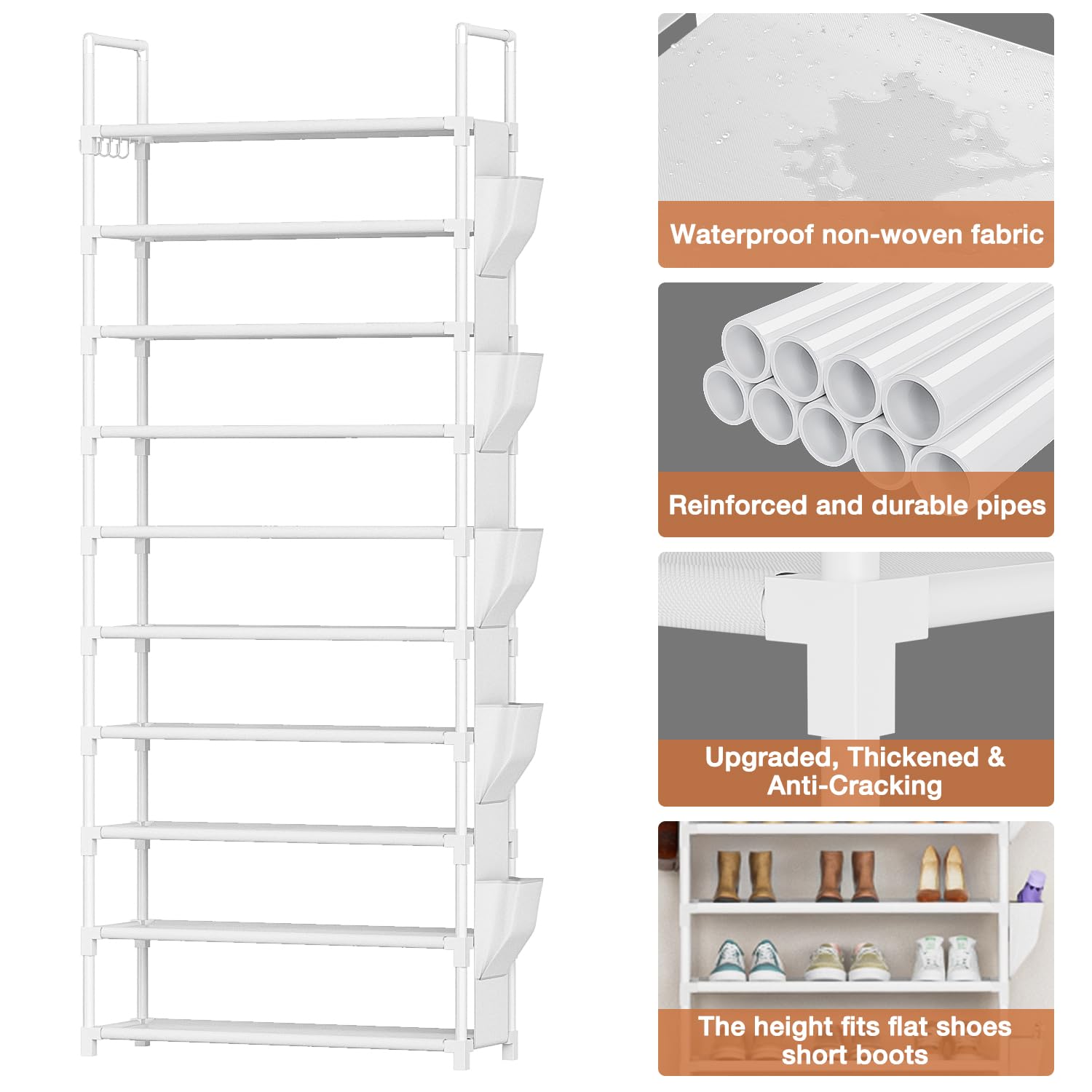 Tall Shoe Rack 10 Tier Shoe Racks Organizer for Closet 30-35 Pairs,Large Capacity Storage Rack for Shoes with 5 Hooks and Side Pocket,Sturdy Metal Shoe Shelf, Vertical Shoe Stand Tower