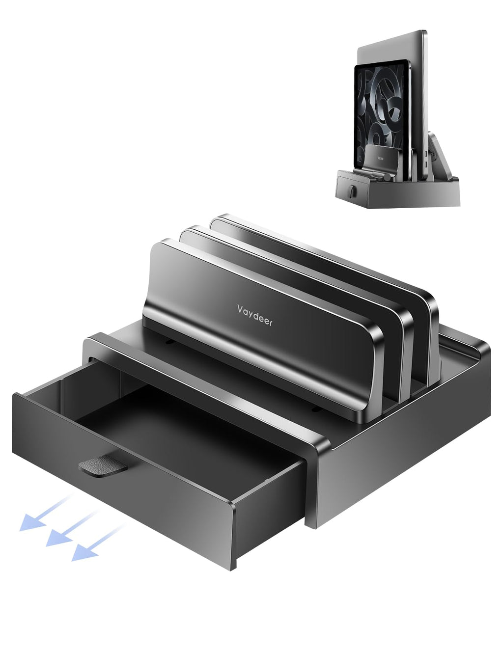 Vaydeer Vertical Laptop Stand with Drawer, Dual Slots Plastic Laptop Holder with Space Saving 4-in-1 Design, Adjustable Laptop Stand for Desk, Supports MacBook, Chromebook, Surface, Dell