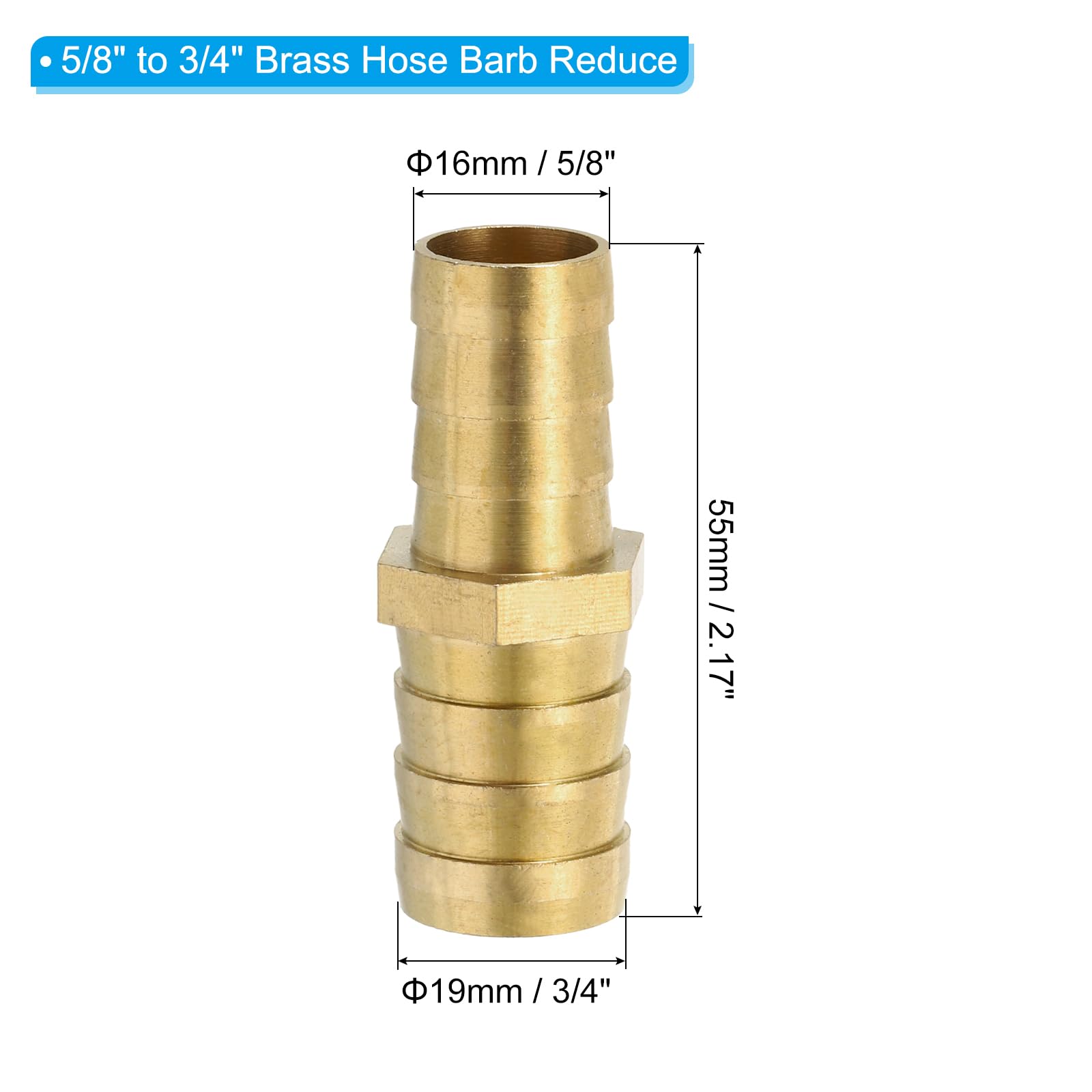 PATIKIL 5/8" to 3/4" Brass Hose Barb Reducer, 2Pcs Barbed Hose Fittings with 4 Stainless Steel Clamps Reducing Splicer Mender Union Adapter for Air Water Fuel