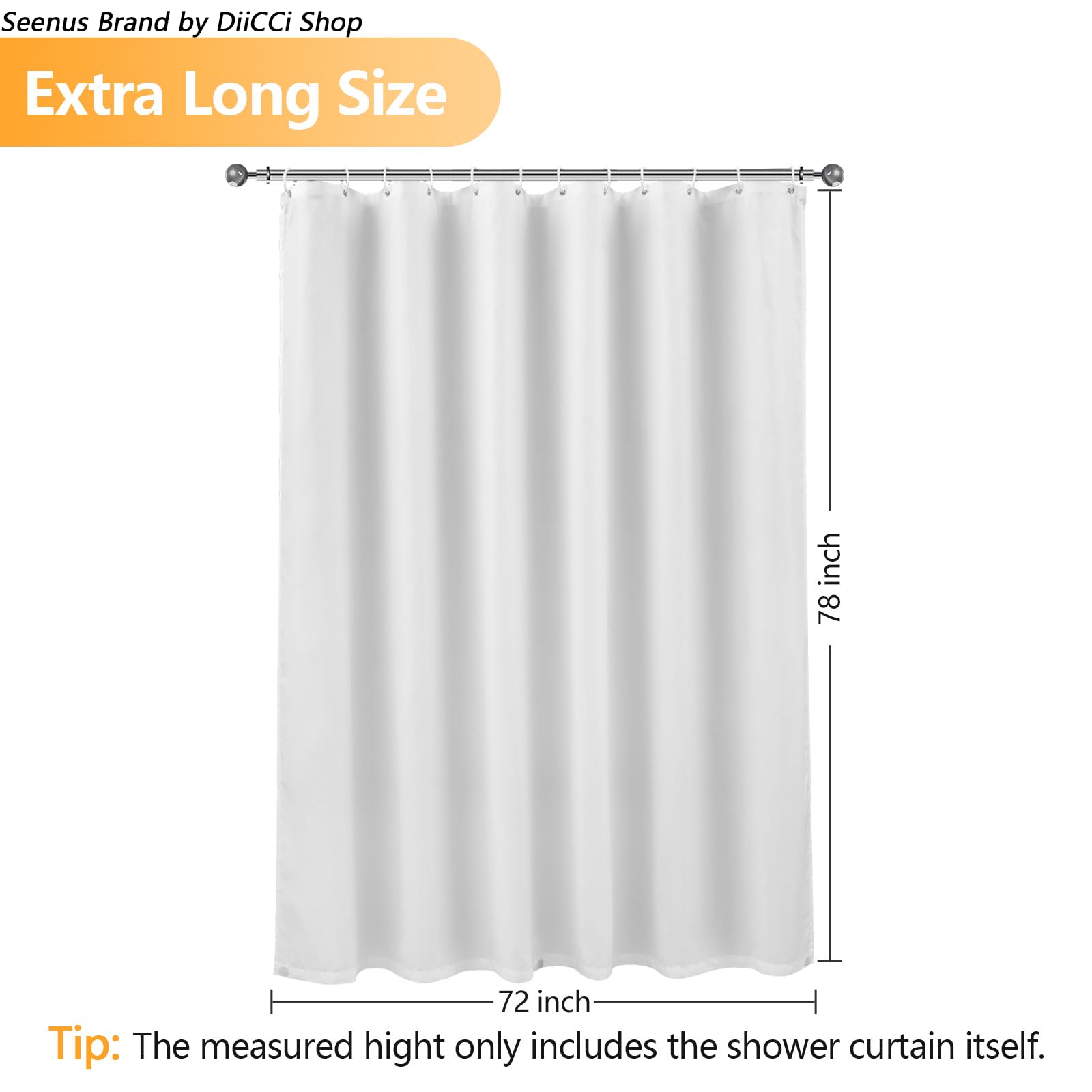 Seenus 72 x 78 inch Extra Long Fabric Shower Curtain Liner with 3 Large Magnets, Waterproof Cloth Shower Liner Washable Hotel Quality, White Shower Curtain Long for Bathroom